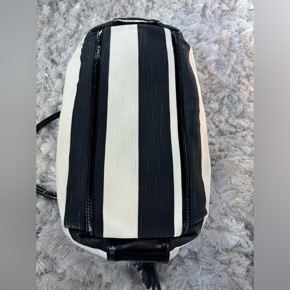 Kate Spade Black and White Stripe Canvas and Patent Leather Accents Hand Bag - Picture 5 of 11
